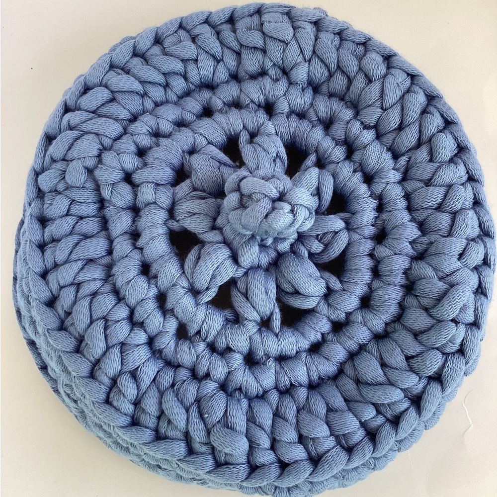 Bowl Lidded Hand Crafted Container Crochet Cotton Denim Blue Boho - Picture 6 of 16